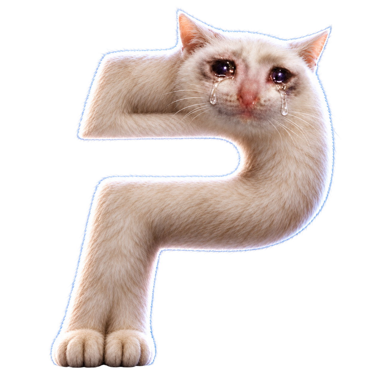 A white crying cat shaped like the letter P